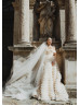 Off Shoulder Champagne Tulle Ruffled Luxurious Wedding Dress